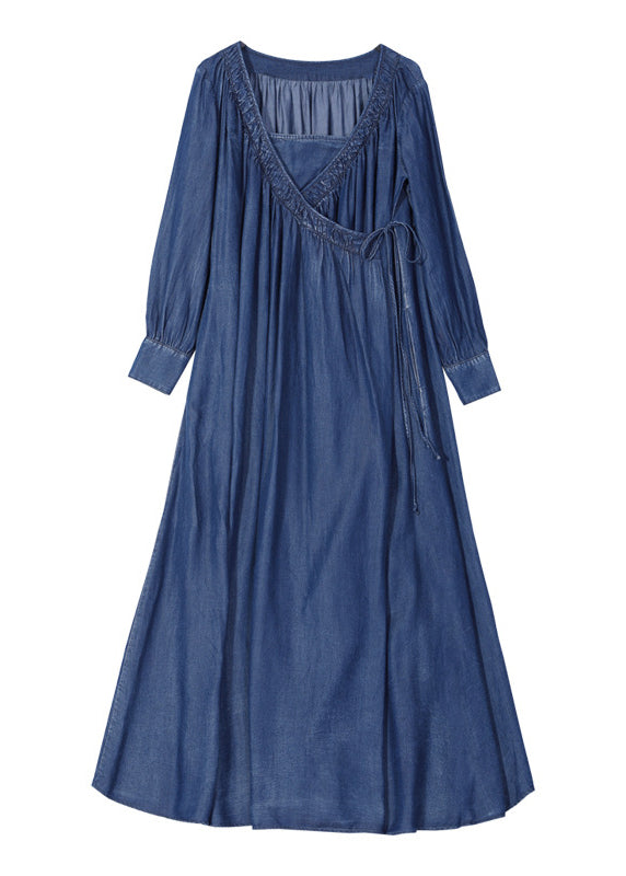 Boho Blue Square Collar tie waist Cotton Dresses Long Sleeve