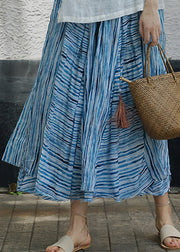 Boho Blue asymmetrical design Striped Patchwork Linen Skirt Spring