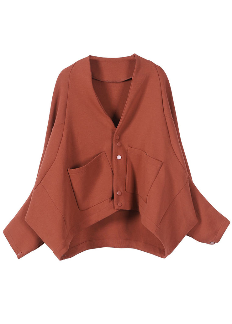 Boho Brick Red Bat Wing Sleeve Pockets Button Fall Top