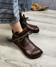 Boho Brown Cowhide Leather Ankle Boots Lace Up Soft Splicing