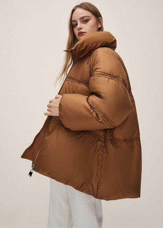 Boho Brown Stand Collar Zippered Thick Duck Down Puffer Jacket Winter