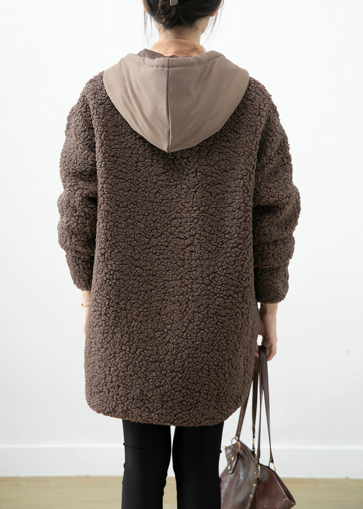 Boho Chocolate Hooded Patchwork Pockets Teddy Faux Fur Coats Winter