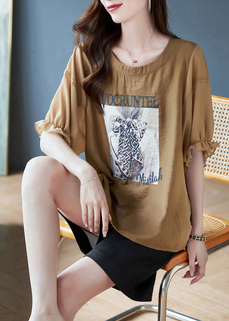 Boho Coffee O-Neck Print Drawstring Chiffon T Shirts Batwing Sleeve