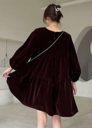 Boho Chocolate O-Neck Velour Vacation Dress Spring