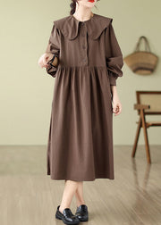 Boho Coffee Wrinkled Button Long Dress Long Sleeve