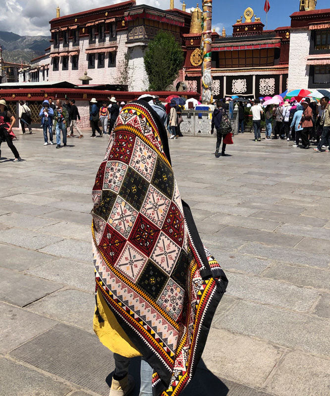 Boho Colorblock Tasseled Print Linen Shawl