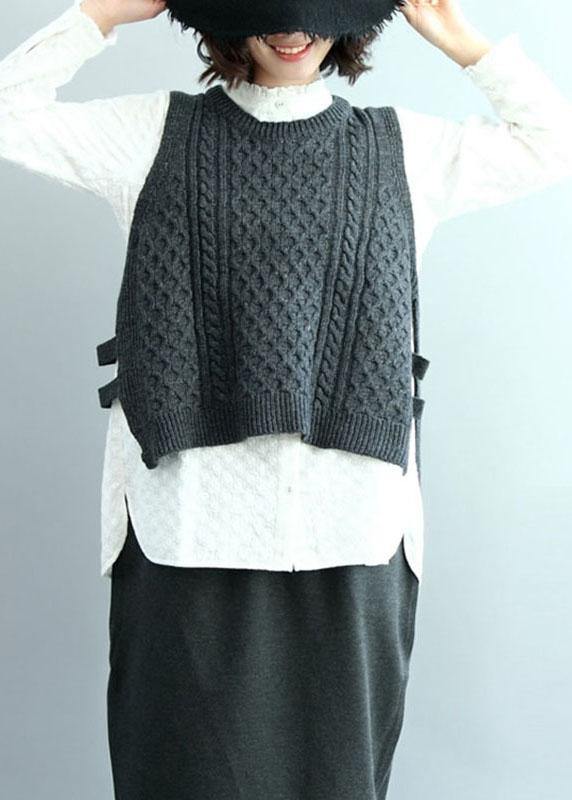 Boho Dark Gray O-Neck Side Open low High Design Fall Knit Vest - bagstylebliss