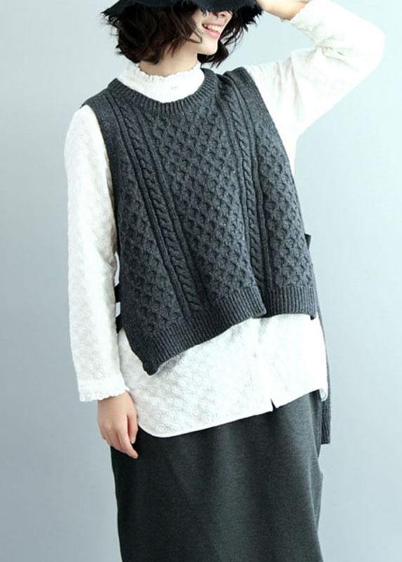 Boho Dark Gray O-Neck Side Open low High Design Fall Knit Vest - bagstylebliss