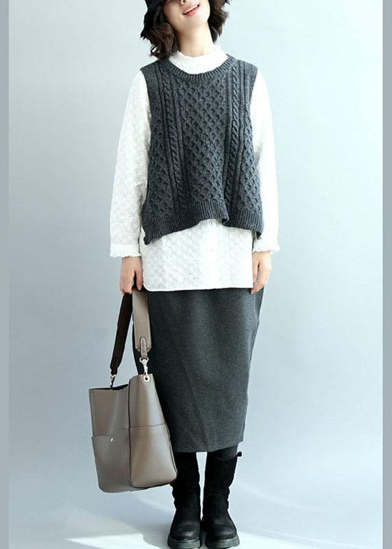 Boho Dark Gray O-Neck Side Open low High Design Fall Knit Vest - bagstylebliss