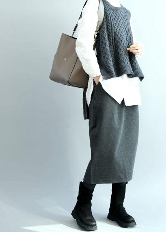 Boho Dark Gray O-Neck Side Open low High Design Fall Knit Vest - bagstylebliss