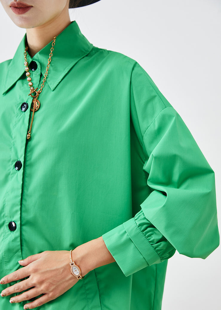 Boho Green Asymmetrical Button Down Cotton Shirt Fall