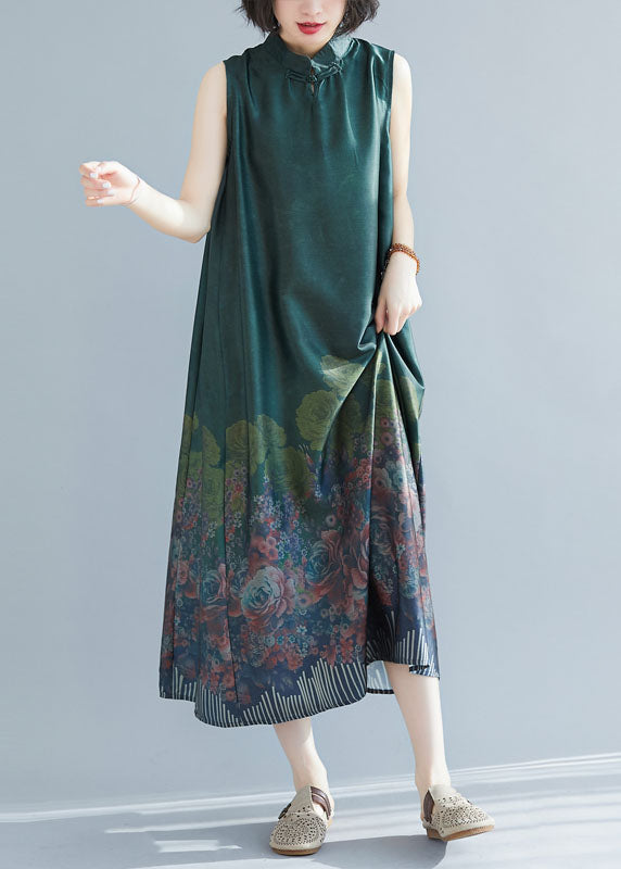 Boho Green Mandarin Collar Print Silk Long Dresses Sleeveless