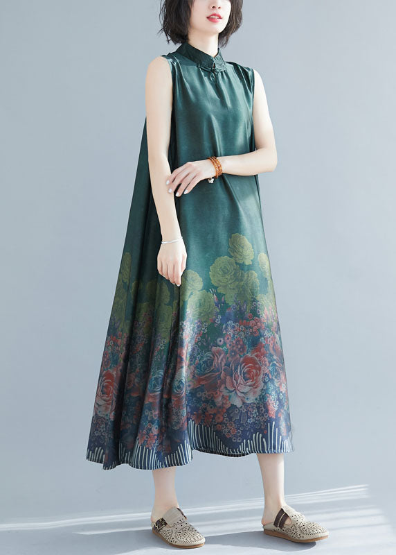 Boho Green Mandarin Collar Print Silk Long Dresses Sleeveless