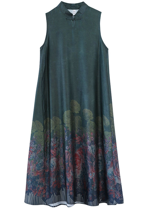 Boho Green Mandarin Collar Print Silk Long Dresses Sleeveless