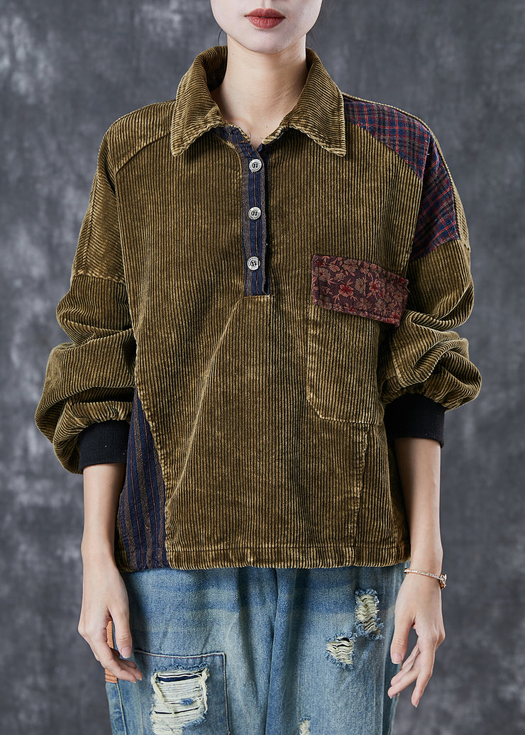 Boho Green Oversized Patchwork Corduroy Sweatshirts Top Spring