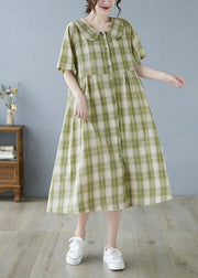 Boho Green Plaid Peter Pan Collar Button Summer Party Dress Half Sleeve - bagstylebliss