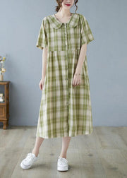 Boho Green Plaid Peter Pan Collar Button Summer Party Dress Half Sleeve - bagstylebliss