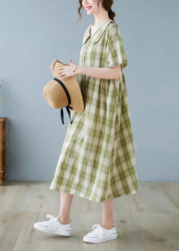 Boho Green Plaid Peter Pan Collar Button Summer Party Dress Half Sleeve - bagstylebliss