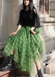 Boho Green Plaid tulle asymmetrical design Skirt Summer - bagstylebliss