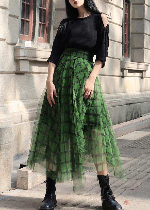 Boho Green Plaid tulle asymmetrical design Skirt Summer - bagstylebliss