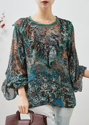 Boho Green Ruffled Print Chiffon Tops Lantern Sleeve