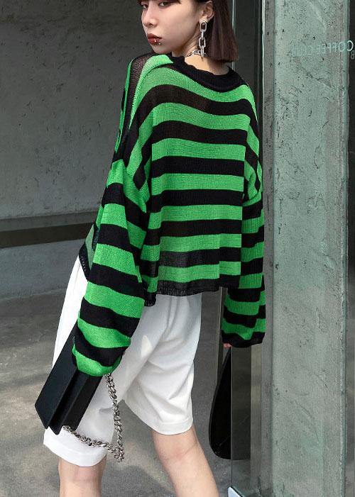 Boho Green Striped V NeckKnit fabric Shirt Summer - bagstylebliss