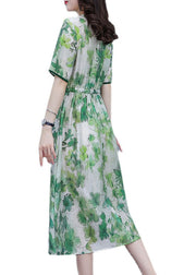 Boho Green V Neck Drawstring Print Silk Cinch Dresses Short Sleeve