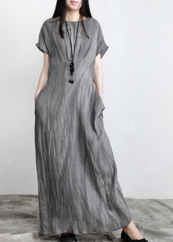 Boho Grey O-Neck Pockets wrinkled Tie Waist Linen Long Dresses Short Sleeve