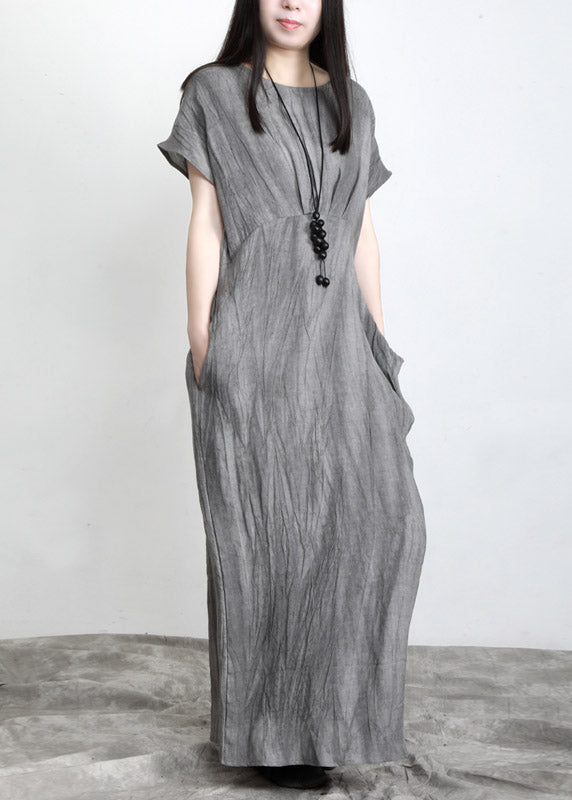 Boho Grey O-Neck Pockets wrinkled Tie Waist Linen Long Dresses Short Sleeve