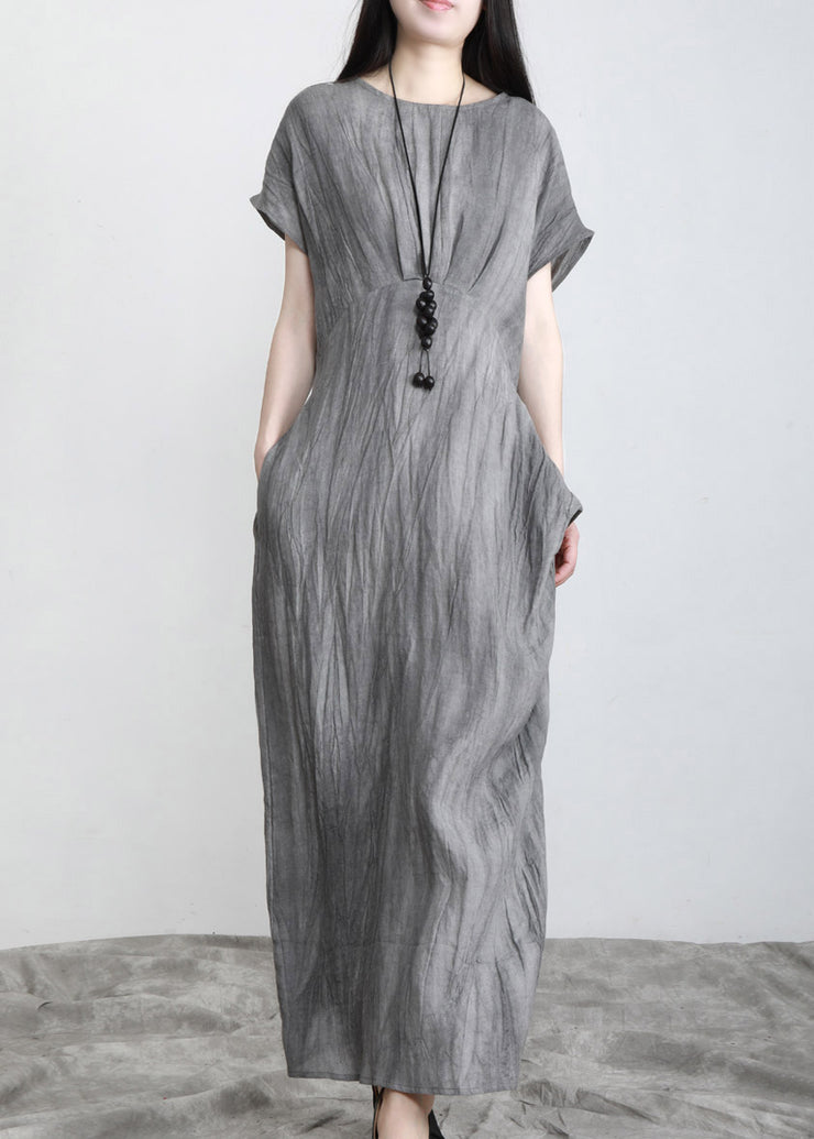 Boho Grey O-Neck Pockets wrinkled Tie Waist Linen Long Dresses Short Sleeve