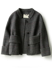 Boho Grey Plaid retro Loose Pockets Button Fall Winter Coat