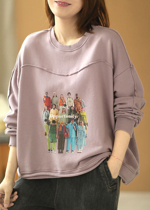 Boho Grey Purple Loose O-Neck Pockets Fall Loose Sweatshirt