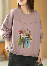 Boho Grey Purple Loose O-Neck Pockets Fall Loose Sweatshirt