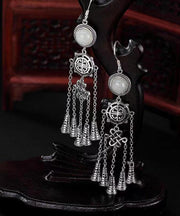 Boho Jade Patchwork Tassel Silver Drop Earrings