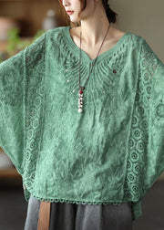 Boho Khaki Cotton V Neck Embroideried Hollow Out Summer Blouses - bagstylebliss