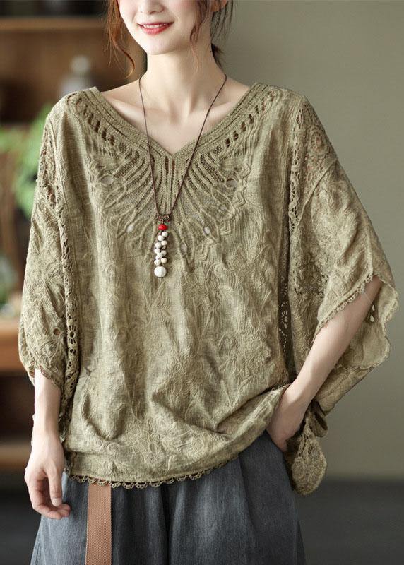 Boho Khaki Cotton V Neck Embroideried Hollow Out Summer Blouses - bagstylebliss