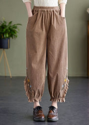 Boho Khaki Embroidered Patchwork Lace Warm Fleece Corduroy Crop Pants Spring