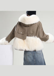 Boho Khaki Hooded Patchwork Faux Leather Coat Winter