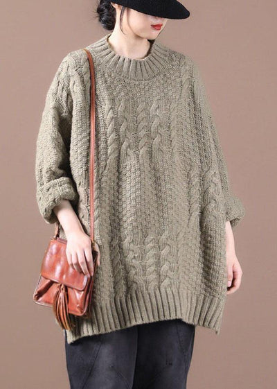 Boho Khaki Loose Cable knit Fall Long Knit Top - bagstylebliss