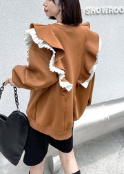 Boho Khaki O-Neck retro Ruffled Patchwork Fall Sweatshirt Street wear