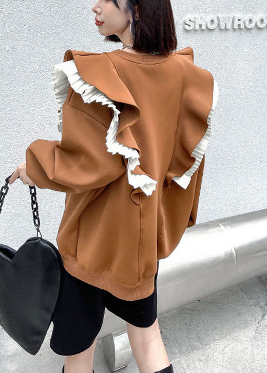 Boho Khaki O-Neck retro Ruffled Patchwork Fall Sweatshirt Street wear