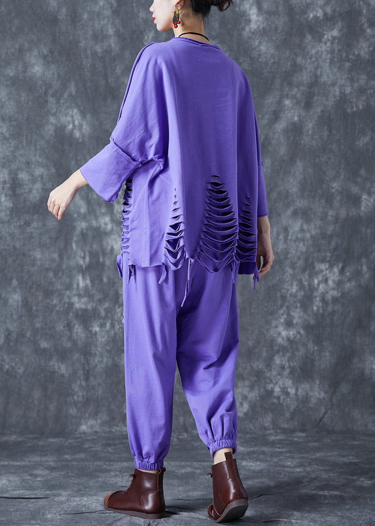 Boho Lavender Oversized Hollow Out Cotton Women Sets 2 Pieces Summer