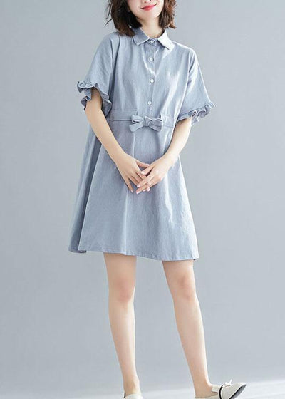 Boho Light Blue Peter Pan Collar Ruffled Mini Summer Cotton Dress - bagstylebliss