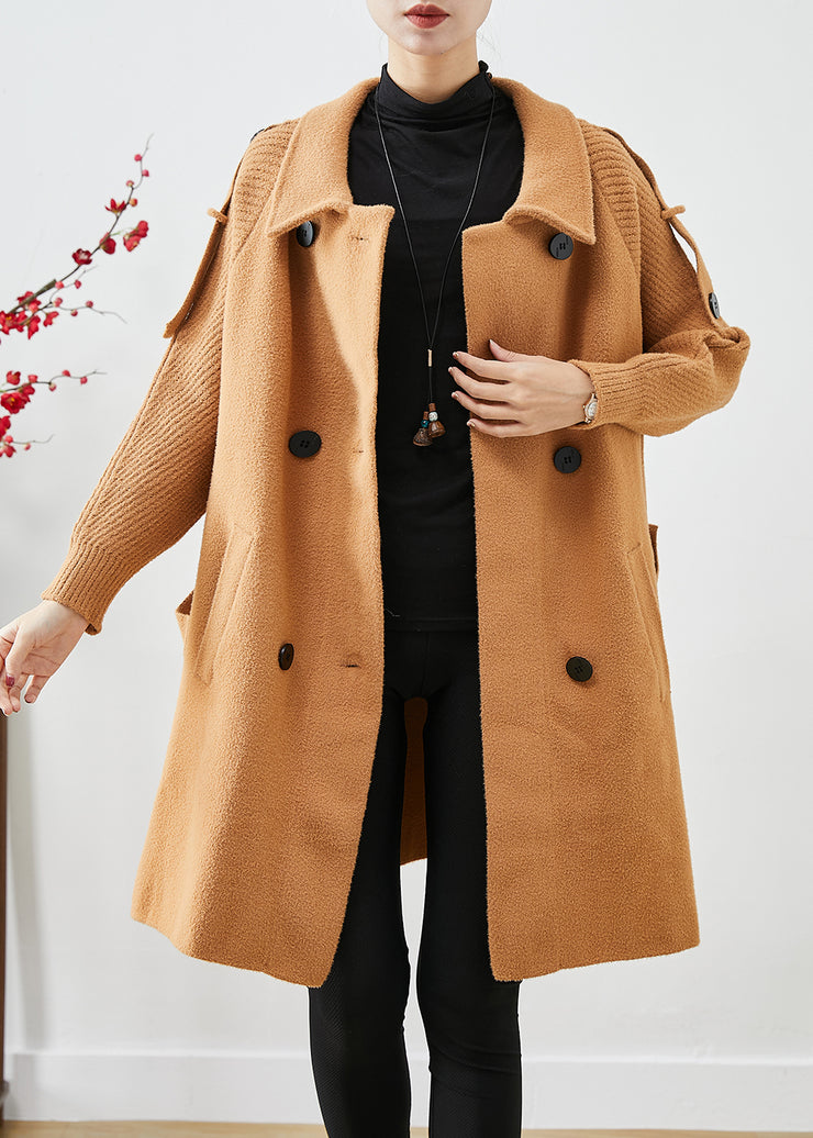 Boho Light Camel Double Breast Patchwork Knit Woolen Trench Coats Fall