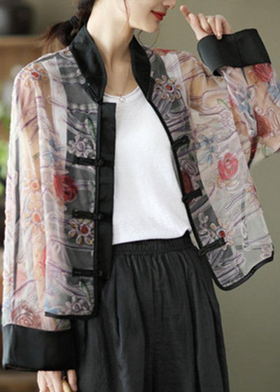 Boho Light Purple Print tulle organza Patchwork Oriental Coat Summer - bagstylebliss