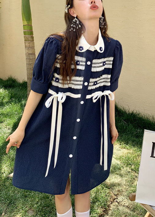 Boho Navy Bow Button Patchwork Nail bead Fall Short Sleeve Dresses