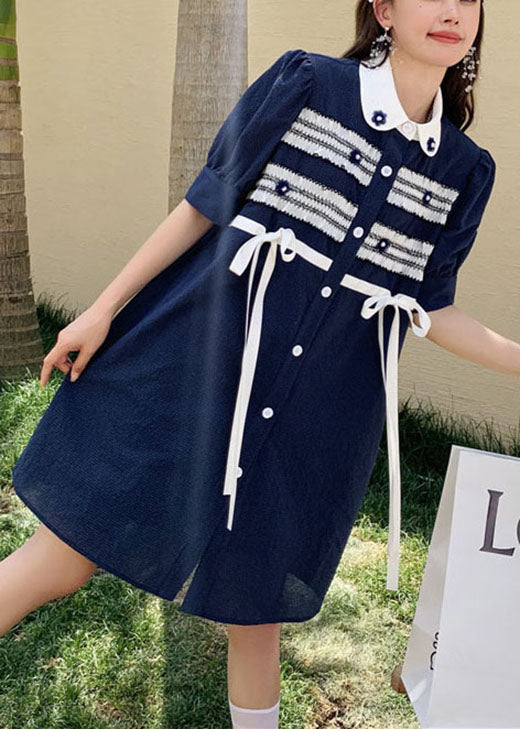 Boho Navy Bow Button Patchwork Nail bead Fall Short Sleeve Dresses