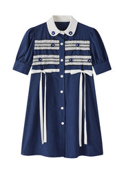 Boho Navy Bow Button Patchwork Nail bead Fall Short Sleeve Dresses