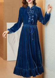 Boho Navy Cinched Patchwork Ruffles Silk Velour Long Dress Spring