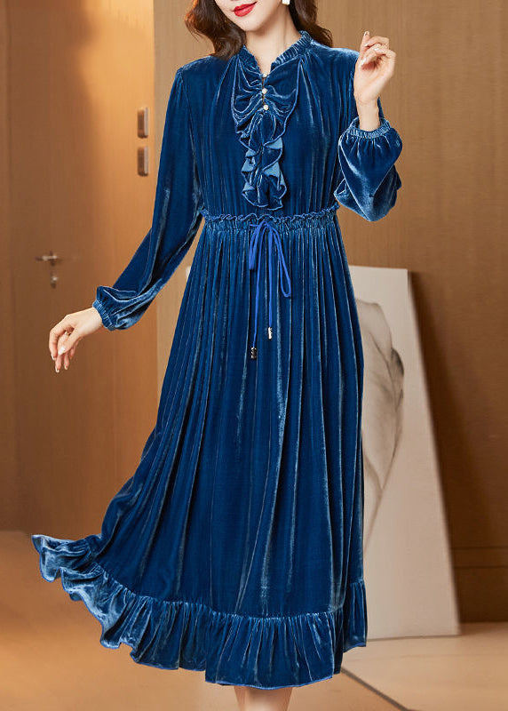 Boho Navy Cinched Patchwork Ruffles Silk Velour Long Dress Spring